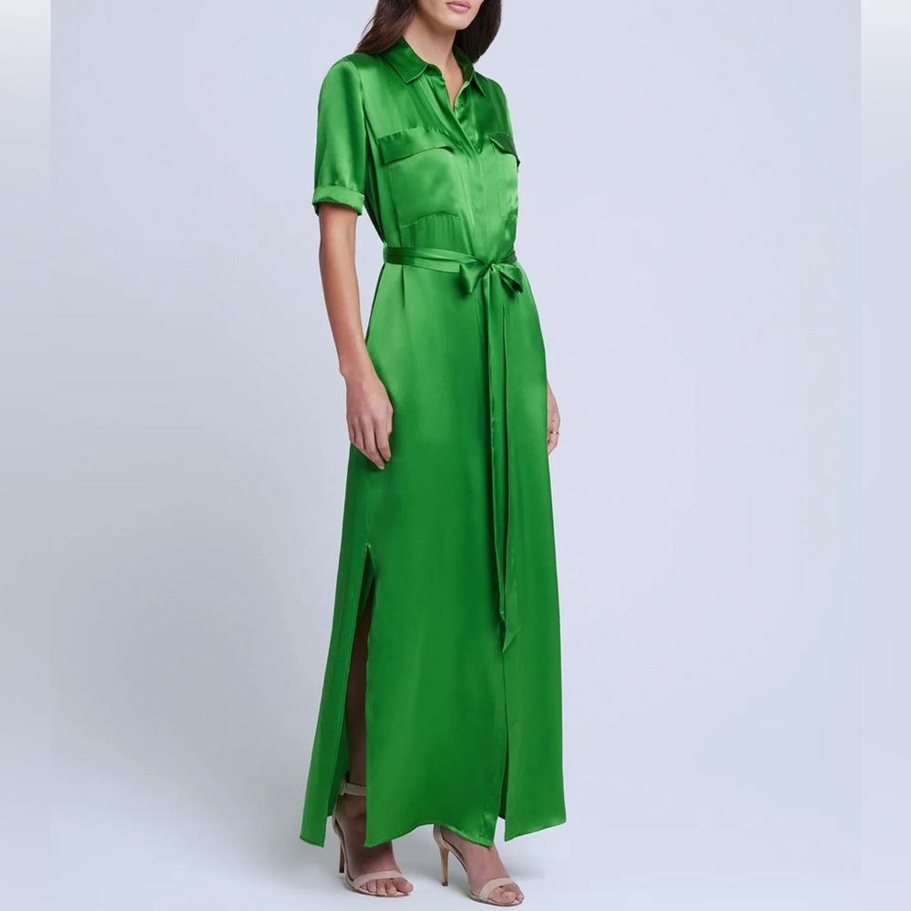 L'AGENCE Emerald Green Satin Shirt Maxi Dress
